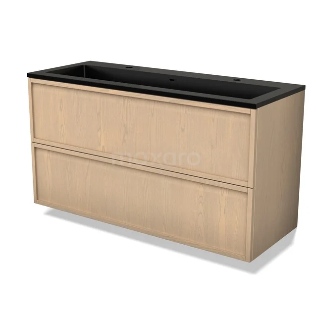 Holz Badezimmermöbel mit Schublade, hell Eiche, Schwarz Waschtischplatte, modernes Design, ideal für stilvolle Badezimmerlagerung.