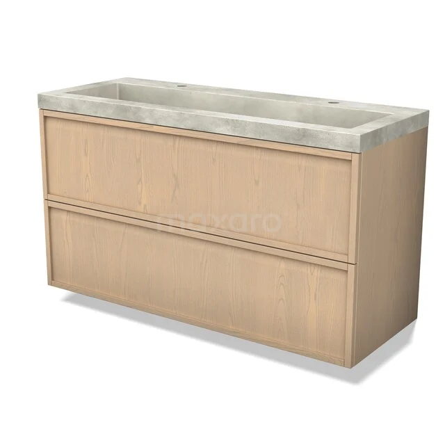 Modulo Plus Badkamermeubel met wastafel | 120 cm Naturel eik Frame front Beton 2 lades onder elkaar BMW47-00239 Houten wastafelmeubel met licht eiken look en betonnen wasbak, ideaal voor een moderne badkamer.