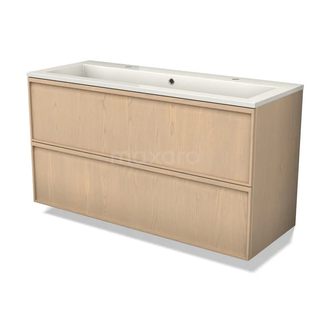 Wooden bathroom furniture with two drawers and ceramic sink, natural oak colour, sleek design for modern bathrooms.