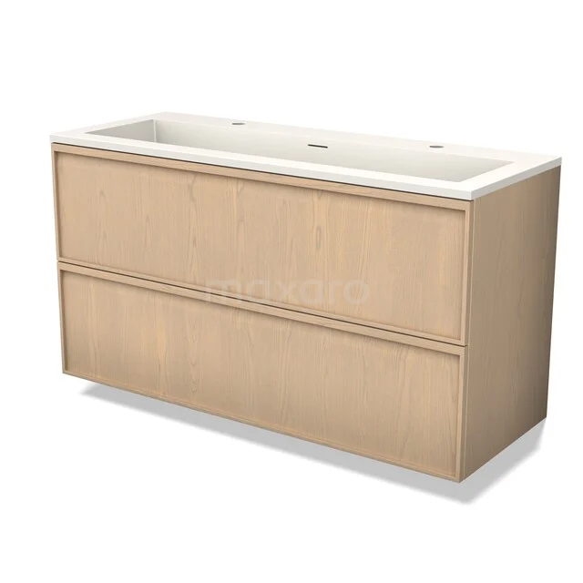 Holz-Waschtisch mit doppelten Schubladen, heller Eiche-Oberfläche, ideal für stilvolle Aufbewahrung im Badezimmer.