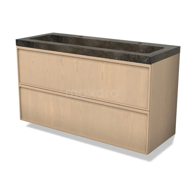 Eichen Badezimmermöbel mit dunkelgrauem Natursteine Waschbecken, modernes Design und Softclose Schubladen.