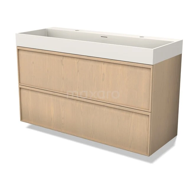 Wooden bathroom furniture with double sink, light oak finish, modern design and two spacious drawers for storage.