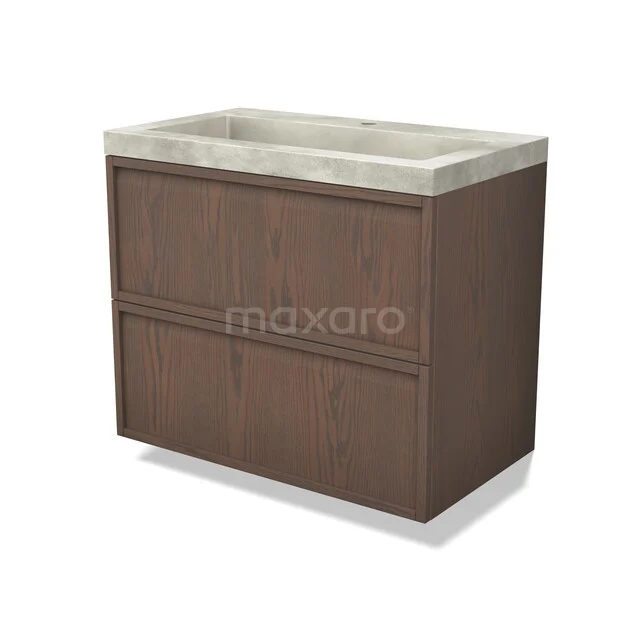 Wooden bathroom furniture with 2 drawers, dark brown oak wood, including concrete sink; stylish and modern design.