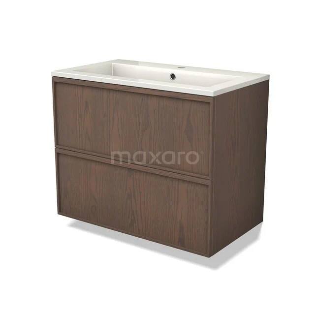 Brown wooden bathroom furniture set with two drawers and a white ceramic sink; stylish and functional design.