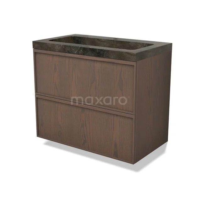 Modulo Plus Vanity units with basin | 80 cm Cocoa oak Ledge front Natural stone 2 Stacked drawers BMW47-00326 Houten badkamermeubel met donkere wastafel, 2 lades en modern design, ideaal voor stijlvolle en praktische badkamerruimtes.