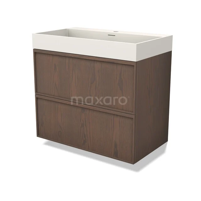 Wooden bathroom furniture with two drawers and a white sink, stylish design for modern bathrooms.