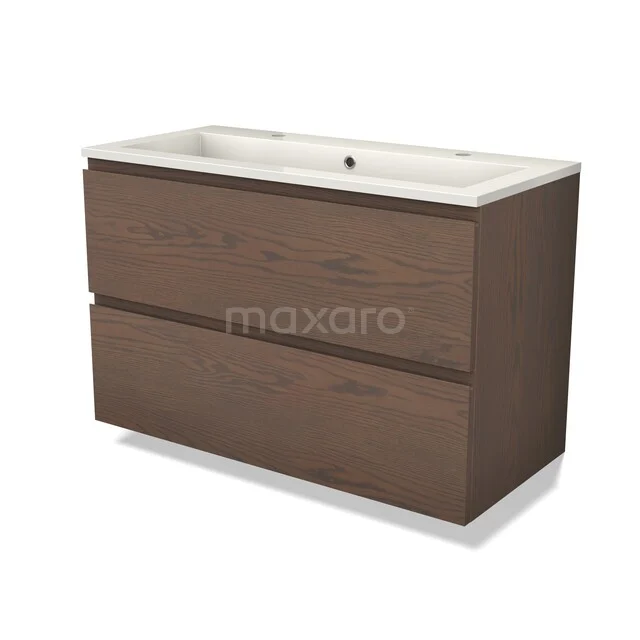 Brown wooden bathroom cabinet with integrated white sink, two spacious drawers and a modern, minimalist appearance.