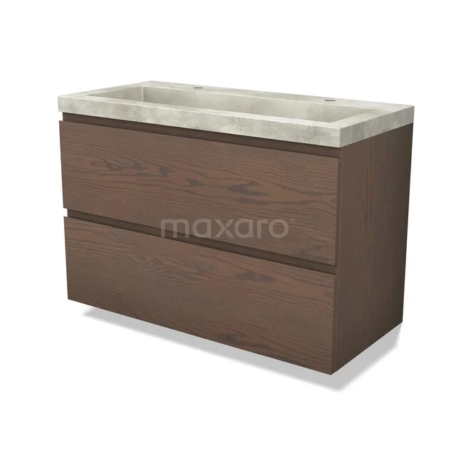 Wooden bathroom furniture with dark brown veneer, two drawers and a light grey concrete sink top, modern and sleek design.