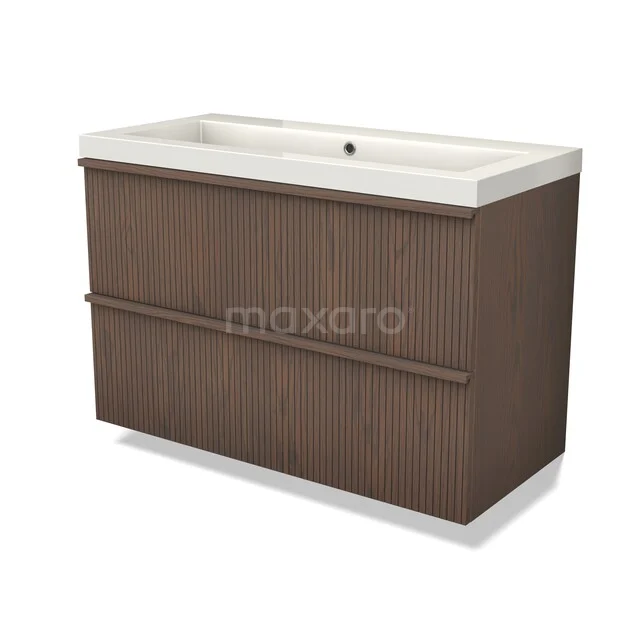 Modulo Plus Vanity units with basin | 100 cm Cocoa oak Ribbing front Mineral marble 2 Stacked drawers BMW47-00358 Houten wastafelonderkast met dubbele lades en keramische wastafel, modern design, ideaal voor stijlvolle badkameropslag.