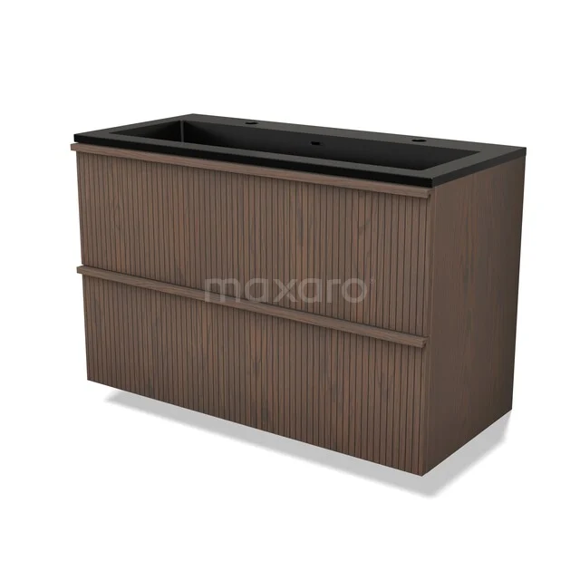 Wooden bathroom furniture with two drawers, dark brown oak, black sink top, sleek design, suitable for modern bathrooms.