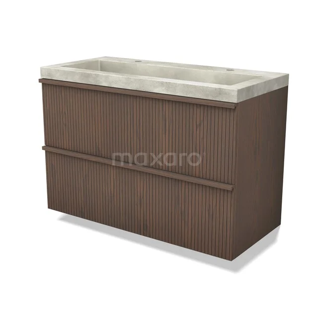 Modulo Plus Vanity units with basin | 100 cm Cacao eik Ribbel front Concrete 2 Stacked drawers BMW47-00371 Houten badkamermeubel met twee lades, donkerbruin eiken, natuurstenen wastafel, strak design passend in moderne badkamers.