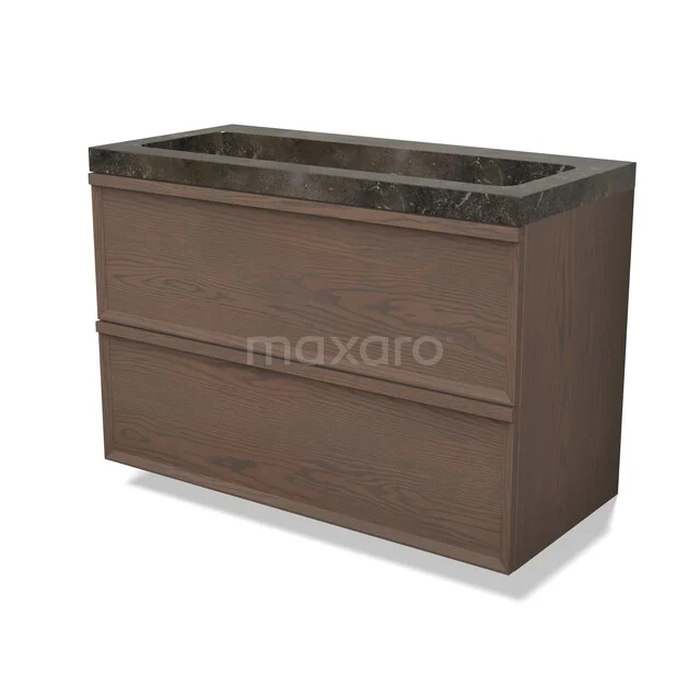 Modulo Plus Vanity units with basin | 100 cm Cocoa oak Facet front Natural stone 2 Stacked drawers BMW47-00388 Houten badkamermeubel met twee lades en een marmeren wastafel, perfect voor een stijlvolle en moderne badkamer.