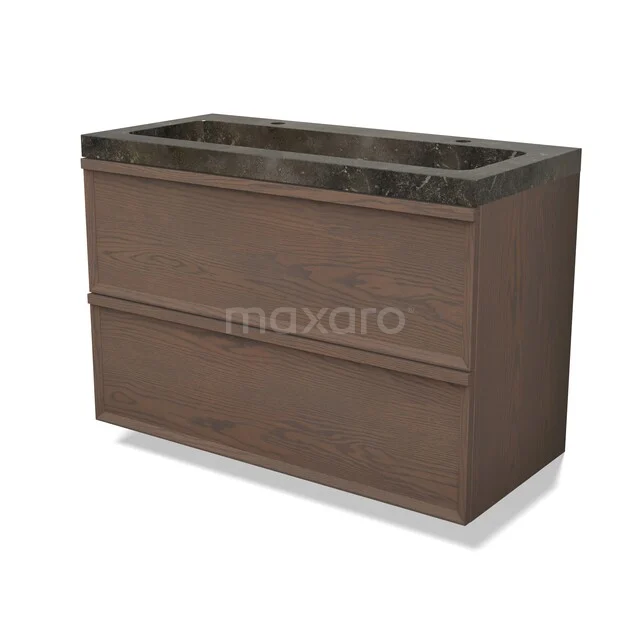 Modulo Plus Vanity units with basin | 100 cm Cocoa oak Facet front Natural stone 2 Stacked drawers BMW47-00389 Houten badkamermeubel met donkere marmeren wastafel, modern ontwerp, twee lades en strak minimalistisch design.