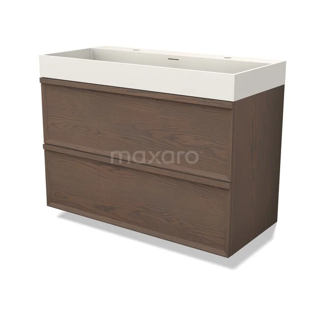 Dark brown wooden bathroom furniture with double sink, sleek design, ideal for modern bathrooms.