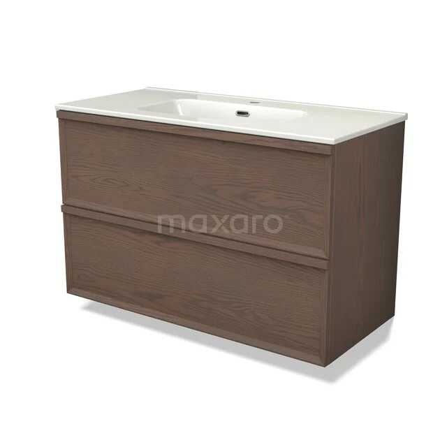 Modulo Plus Vanity units with basin | 100 cm Cocoa oak Facet front Ceramic 2 Stacked drawers BMW47-00397 Moderne badkamermeubelset, houtlook eiken, met witte wasbak en lades, stijlvol design van duurzaam materiaal.