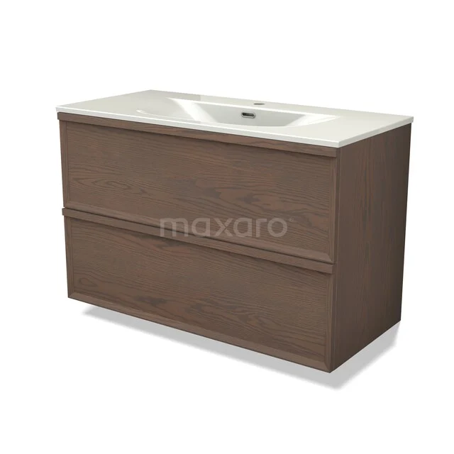Modulo Plus Vanity units with basin | 100 cm Cacao eik Facet front Ceramic 2 Stacked drawers BMW47-00398 Bruine houten wastafelmeubel met keramische wastafel, strakke lijnen, ideaal voor moderne badkamerinrichting.