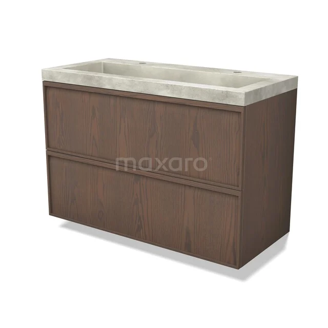 Modulo Plus Bathroom furniture with sink | 100 cm Cocoa oak Ledge front Concrete 2 Stacked drawers BMW47-00434 Brown wood grain washbasin cabinet with a natural stone top, modern bathroom solution with two wide drawers.