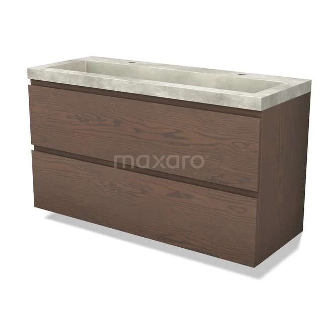 Wooden bathroom furniture with two drawers and a grey concrete sink top, modern design for stylish bathrooms.