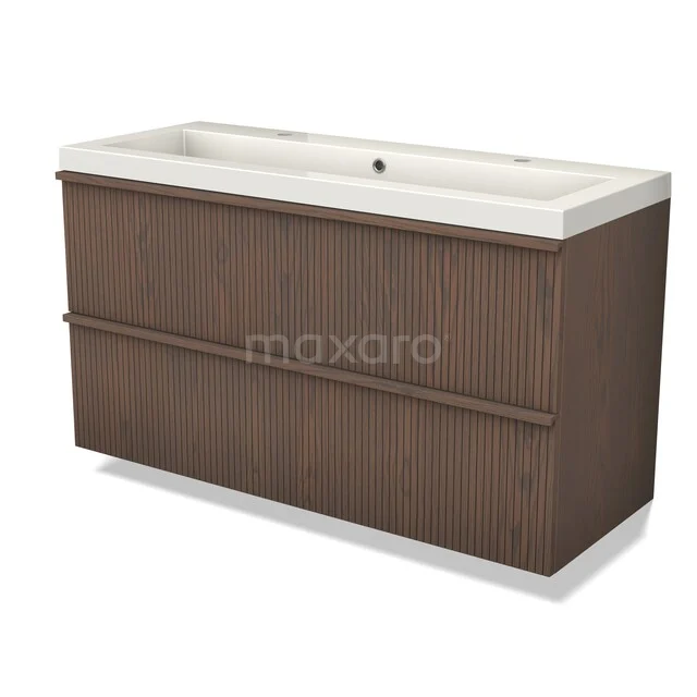 Modulo Plus Vanity units with basin | 120 cm Cocoa oak Ribbing front Mineral marble 2 Stacked drawers BMW47-00456 Houten badkamermeubel met wastafel, modern design in donker eiken, ideaal voor stijlvolle opbergoplossingen in de badkamer.