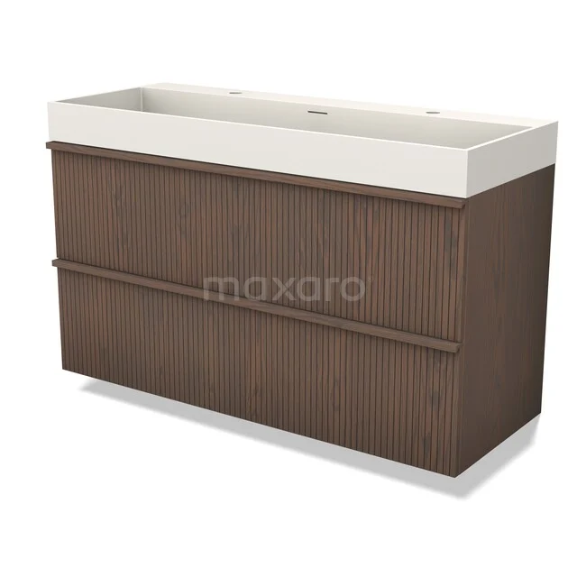 Modulo Plus Vanity units with basin | 120 cm Cacao eik Ribbel front Solid surface 2 Stacked drawers BMW47-00464 Houten badkamermeubel met dubbele wastafel, donkerbruin design en strakke afwerking, ideaal voor een moderne badkamer.