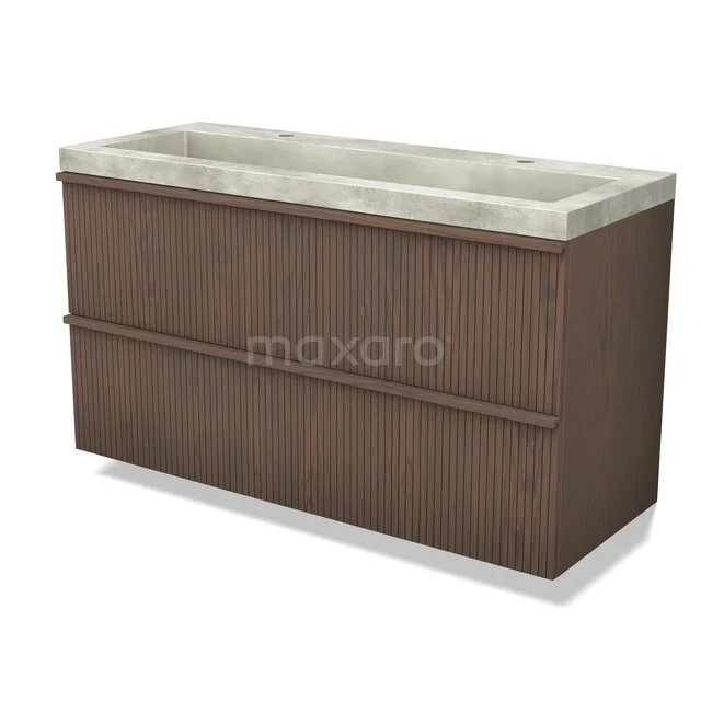 Wall-mounted bathroom furniture with wood look and concrete look sink, modern design, perfect for stylish bathroom decor.