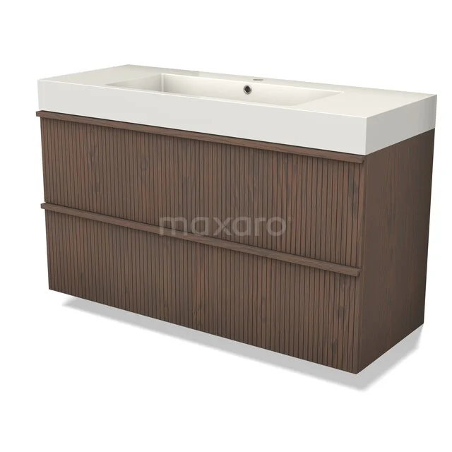 Wooden bathroom furniture in walnut colour with double drawer, sleek design and a white ceramic sink.
