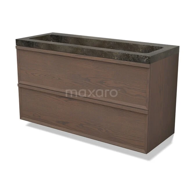 Modulo Plus Vanity units with basin | 120 cm Cocoa oak Facet front Natural stone 2 Stacked drawers BMW47-00476 Houten badkamermeubel met twee lades, donker eiken look, natuurstenen wastafelblad, modern design.