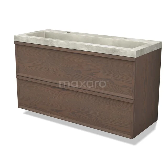 Houten badkamermeubel met dubbele lade, bruin eiken en een natuurstenen wastafel, geschikt voor moderne badkamers.