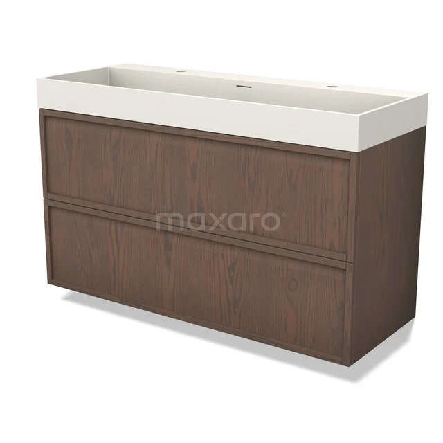 Wooden bathroom furniture with two drawers and white ceramic washbasin top, modern design in walnut colour.