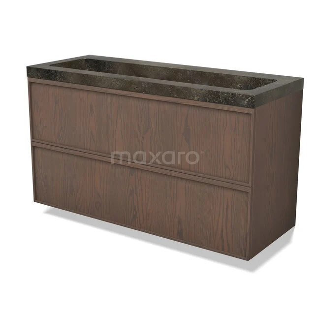 Badmöbel Walnuss Holzoptik mit schwarzem Marmor Waschbecken, modernes Design und zwei grifflose Schubladen.