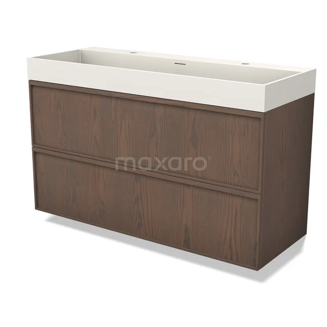 Holz-Badmöbel mit doppeltem weißen Waschbecken, modernes Design, dunkelbraunes Furnier, ideal für stilvolle Badezimmerlagerung.