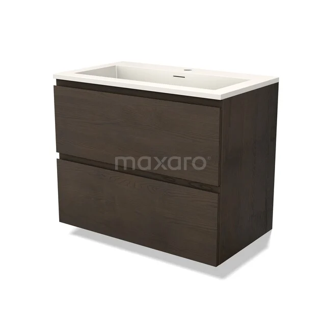 Modulo Plus Vanity units with basin | 80 cm Espresso eik Handle-less front Solid surface 2 Stacked drawers BMW47-00516 Donker houten badkamermeubel met witte wastafel, twee ladekasten en een strak design voor een moderne badkamerstijl.