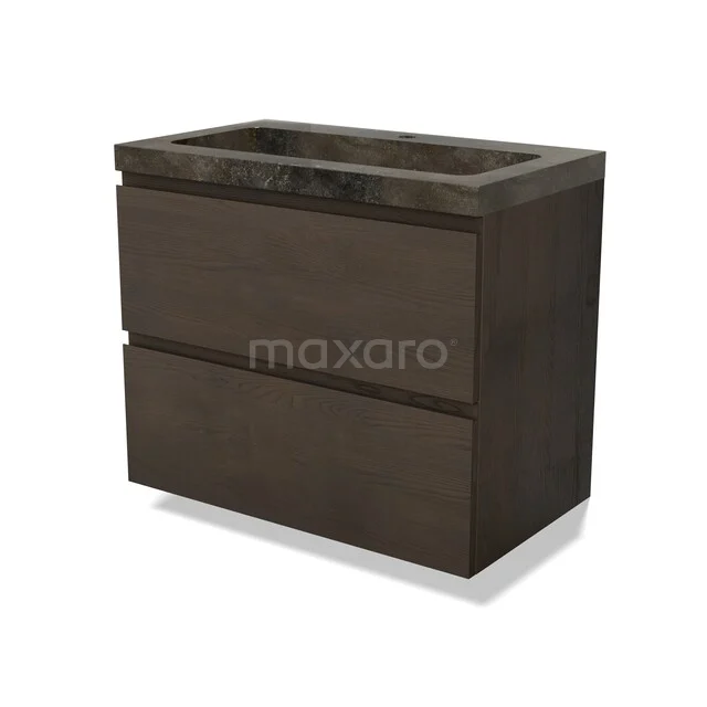 Modulo Plus Waschtische | 80 cm Espresso Eiche Grifflos front Naturstein 2 übereinanderliegende Schubladen BMW47-00517 Dunkles Badezimmermöbel mit zwei Schubladen und einem Naturstein Waschbecken, ideal für stilvolle und moderne Bäder.