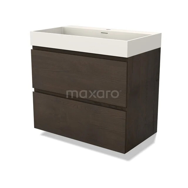 Dunkelbraunes Holz-Badmöbel mit zwei Schubladen und einem weißen Waschbecken, ideal für stilvolle und moderne Bäder.