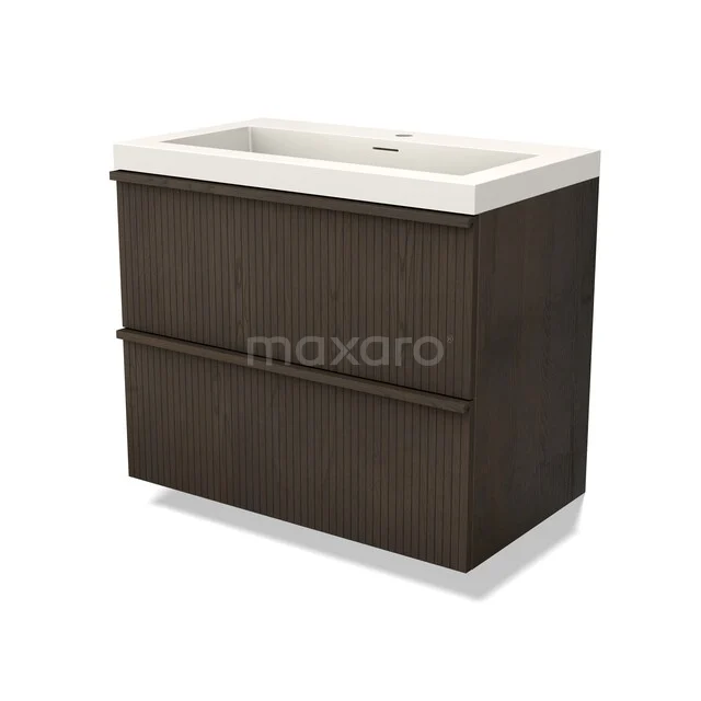 Dark wooden wash basin unit with white ceramic sink, space-saving design for modern bathroom style.
