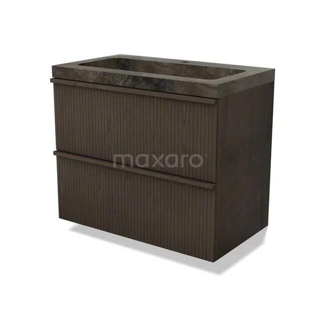 Modulo Plus Vanity units with basin | 80 cm Espresso eik Ribbel front Natural stone 2 Stacked drawers BMW47-00533 Donkerhouten badkamermeubel met twee lades, strak design en stenen wastafel; stijlvol en praktisch voor elke badkamer.