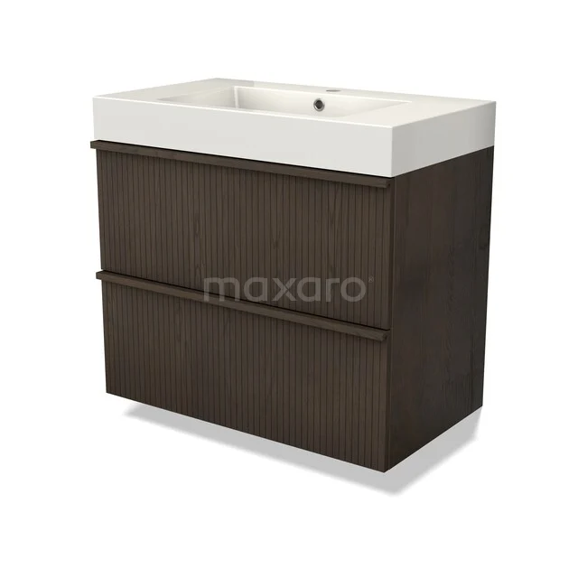 Modulo Plus Vanity units with basin | 80 cm Espresso eik Ribbel front Mineral marble 2 Stacked drawers BMW47-00540 Donkerhouten badkamermeubel met witte wastafel, inclusief twee ladefronten en een modern design. Perfect voor elke badkamerstijl.