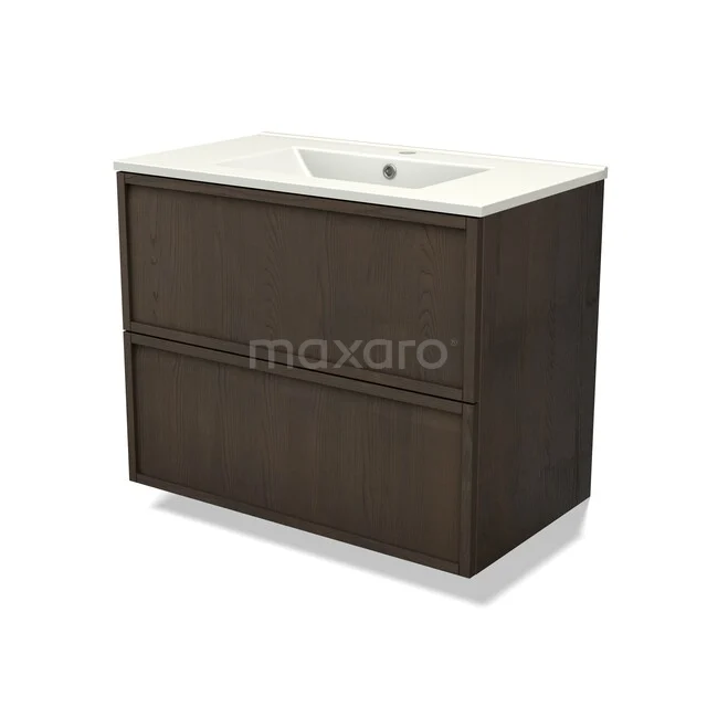 Wooden bathroom furniture with a dark finish, white ceramic sink, and two spacious drawers for bathroom storage.