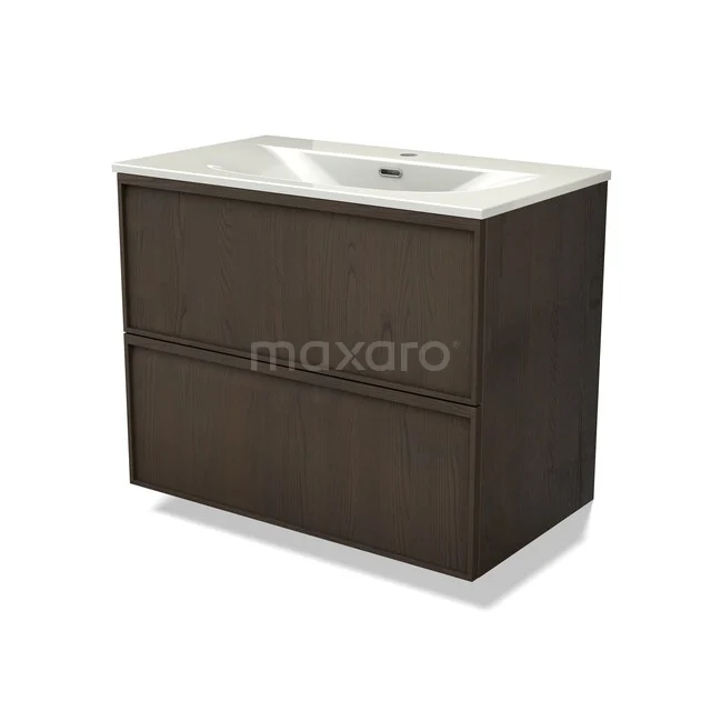 Dark wooden bathroom cabinet with two drawers, white ceramic sink and sleek design, perfect for a modern bathroom style.