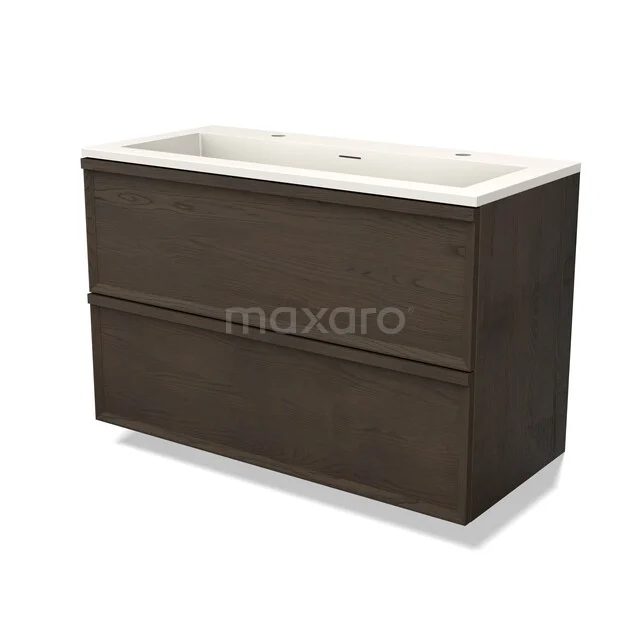 Modulo Plus Vanity units with basin | 100 cm Espresso eik Facet front Solid surface 2 Stacked drawers BMW47-00642 Donkerhouten badkamermeubel met twee lades en een witte wastafel, modern design geschikt voor stijlvolle badkamers.