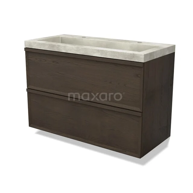 Modulo Plus Vanity units with basin | 100 cm Espresso oak Facet front Concrete 2 Stacked drawers BMW47-00647 Houten badkamermeubel met donkerbruine afwerking en twee lades, voorzien van een lichtgrijs stenen wastafelblad.