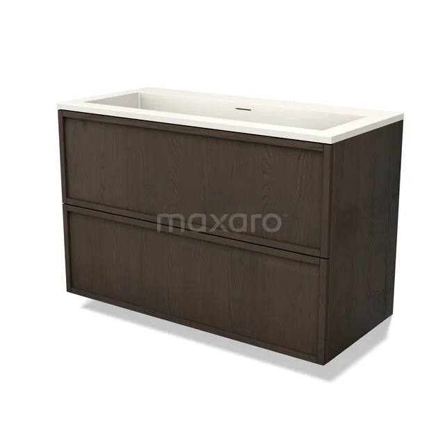 Dark brown wooden bathroom furniture with two drawers and a white sink, sleek design perfect for a modern bathroom.