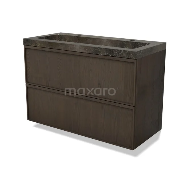 Modulo Plus Vanity units with basin | 100 cm Espresso eik Lijst front Natural stone 2 Stacked drawers BMW47-00686 Donkere houten badkamermeubel met marmeren wastafel, moderne uitstraling en dubbele lades voor opbergruimte.