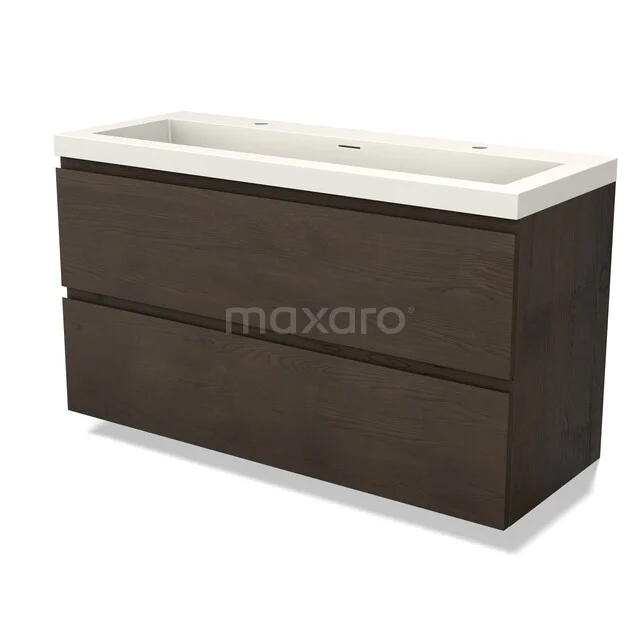 Modulo Plus Waschtische | 120 cm Espresso Eiche Grifflos front Solid Surface 2 übereinanderliegende Schubladen BMW47-00700 Moderne Holz-Waschtisch mit doppelter Schublade, dunkelbraunem Design und weißem keramischen Waschbecken, ideal für jedes Badezimmer.