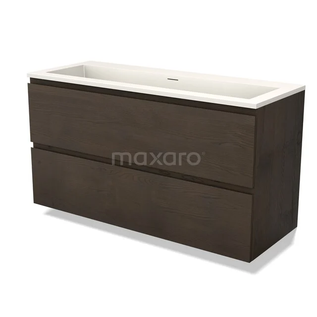 Modulo Plus Waschtische | 120 cm Espresso Eiche Grifflos front Solid Surface 2 übereinanderliegende Schubladen BMW47-00701 Hölzernes Badezimmermöbel dunkelbraun mit zwei Schubladen und weißem Waschbecken, modernes Design aus der Premium Badezimmerlinie.