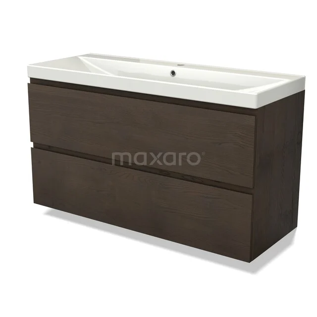 Modulo Plus Vanity units with basin | 120 cm Espresso oak Handle-less front Ceramic 2 Stacked drawers BMW47-00708 Houten badkamermeubel met donkerbruine afwerking, twee lades en een witte keramische wastafel. Modern en stijlvol ontwerp.