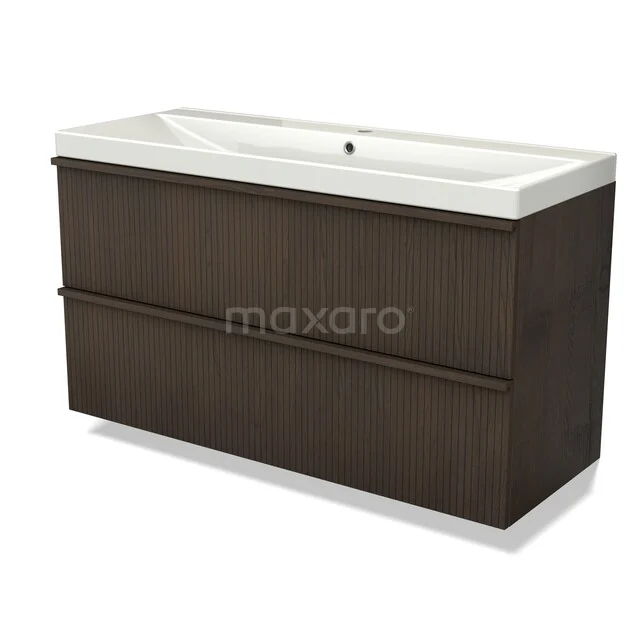 Dark oak washbasin unit, with integrated white ceramic washbasin, modern design, ideal for any bathroom.