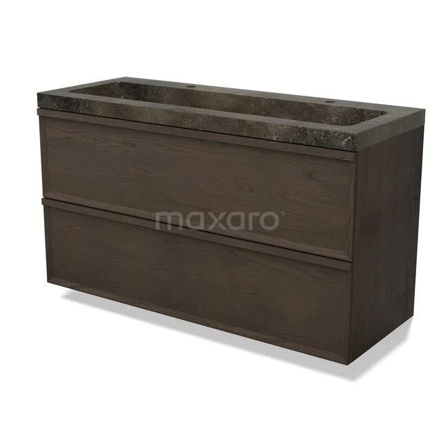 Modulo Plus Badkamermeubel met wastafel | 120 cm Espresso eik Facet front Natuursteen 2 lades onder elkaar BMW47-00732 Houten badkamermeubel met donkerbruine afwerking, tweeladig ontwerp, geschikt voor moderne badkamerinrichting.