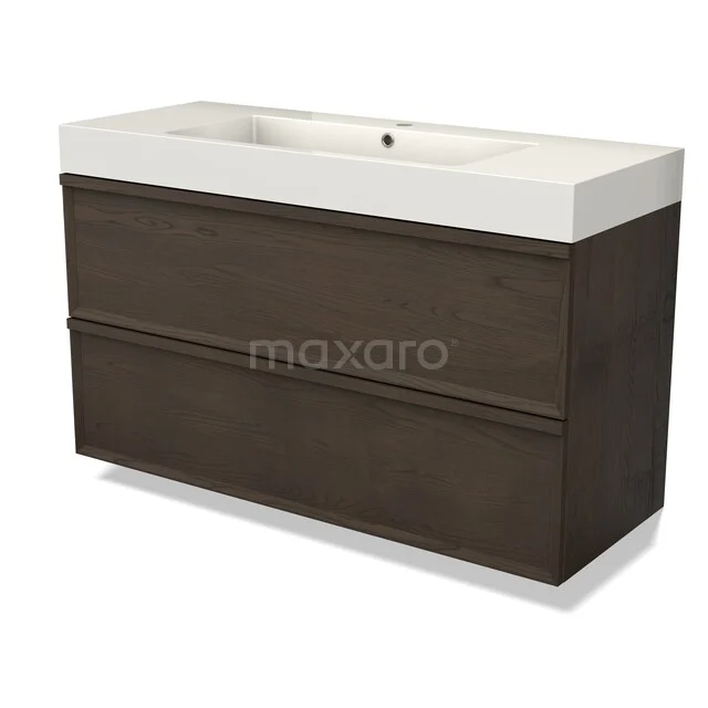 Modulo Plus Vanity units with basin | 120 cm Espresso oak Facet front Mineral marble 2 Stacked drawers BMW47-00737 Donker houten badkamermeubel met witte wastafel, strak design, ideaal voor moderne badkamers.