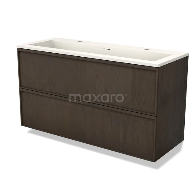 Wooden bathroom furniture with two drawers, dark oak, with a white sink. Modern design suitable for a stylish bathroom.